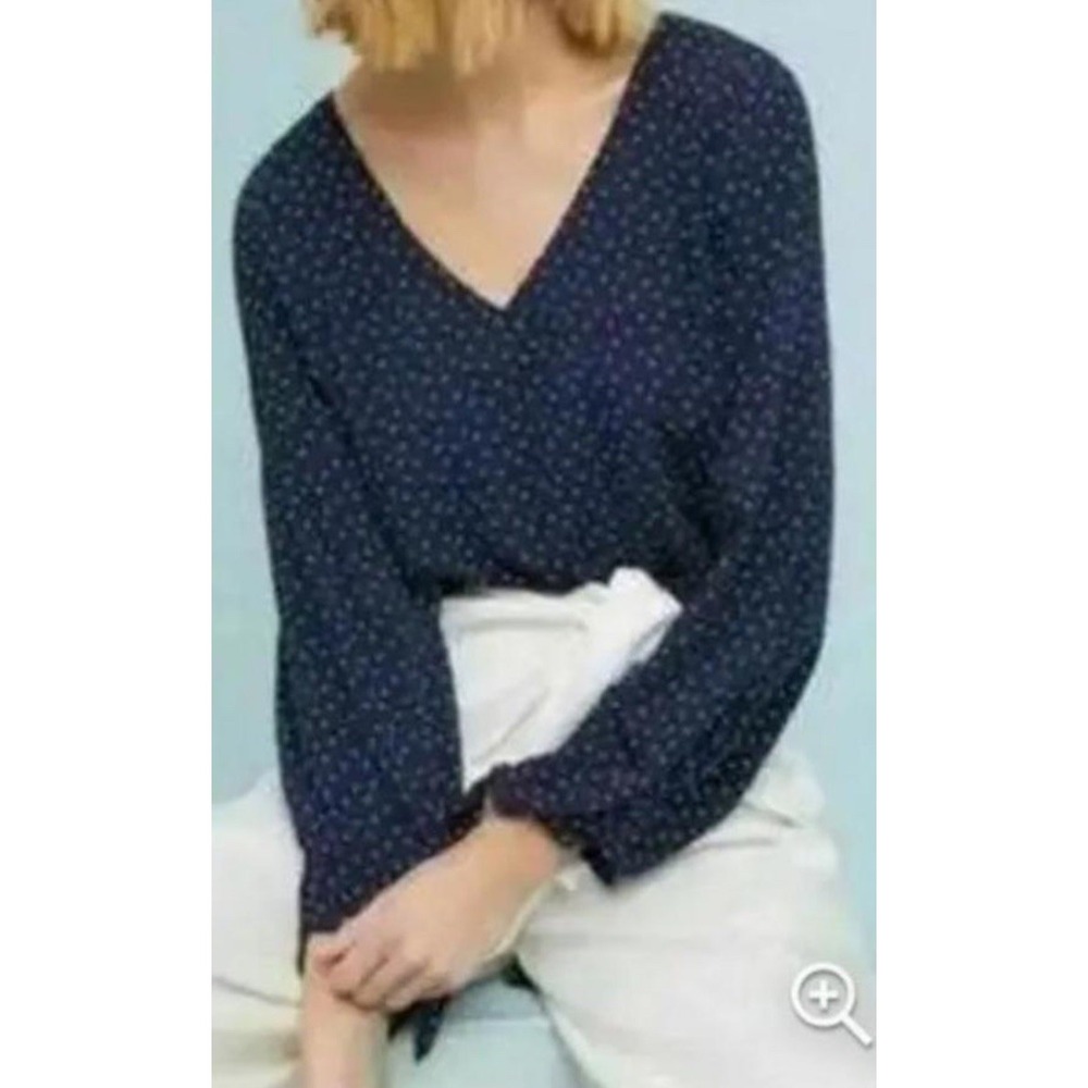 Anthropologie MAEVE Navy Polka Dot PERNILLE TIE-SLEEVE BLOUSE Billowy Top XS